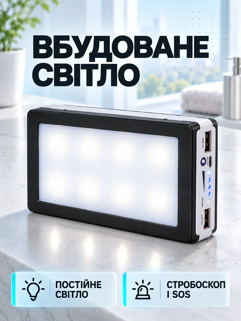 Портативний акумулятор Power Bank 50000 mAh із сонячною панеллю та ліхтариком для подорожей чорний (37261538) - фото 7