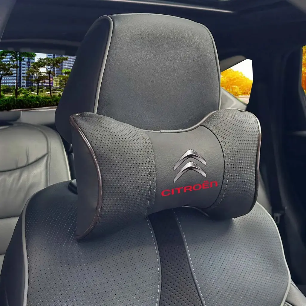Подушка на підголівник з логотипом Citroen Екошкіра 3D Кольоровий лого Чорна-Коричневий кант 1 шт