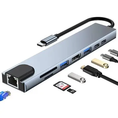 Концентратор Dynamode USB-C 8-in-1 HDMI 4K30Hz + 1xRJ45 + 1xUSB 3.0 + 1xUSB 2.0 + 1xUSB-C PD (BYL-2017L) - фото 7