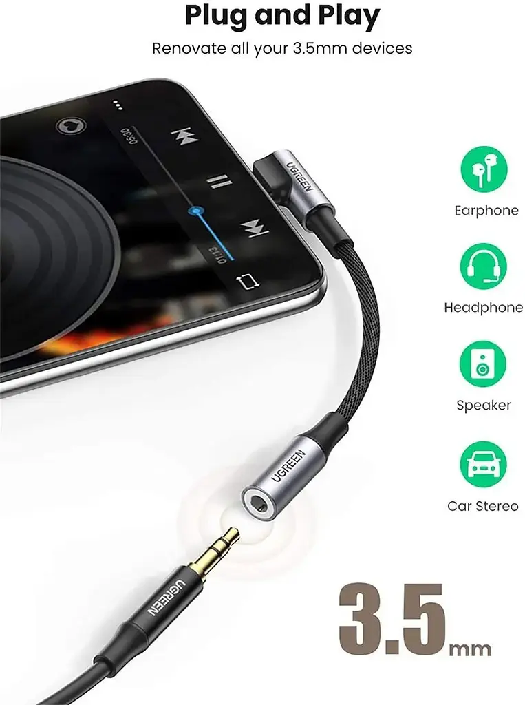 Перехідник Ugreen кабель Type-C - 3.5 mm для навушників Angled 10CM Gray (AV142) - фото 6