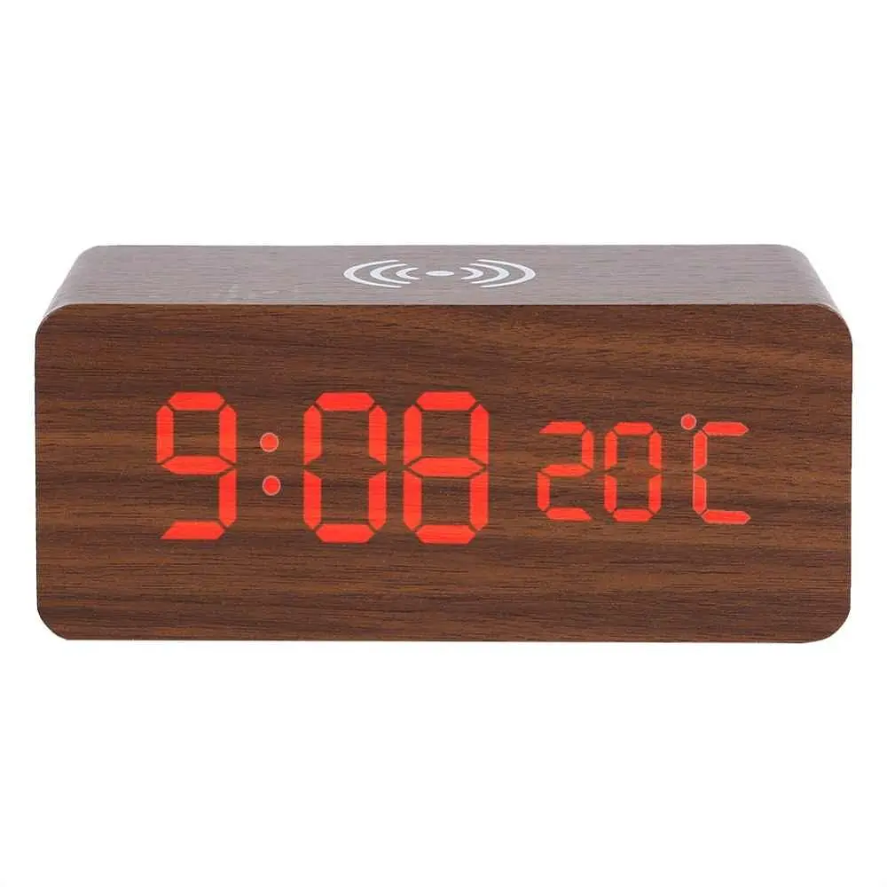 Деревянные LED часы UFT Wood Wireless Clock с функцией беспроводной зарядки коричневые - фото 2