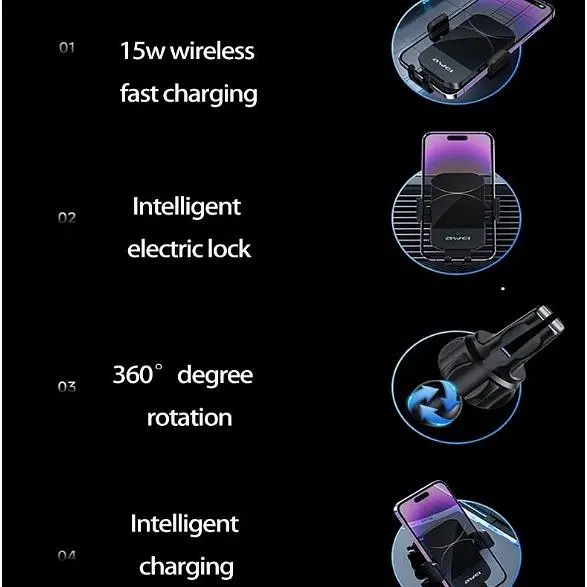 Держатель Awei X43 15W Car Holder Wireless Charger Black - фото 4