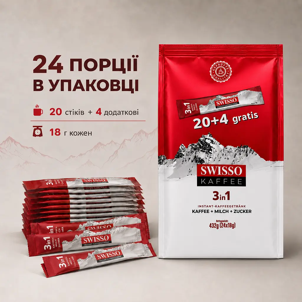 Кава розчинна Swisso Kaffee 3в1 кава молоко цукор у стіках 20+4 х 18 г - фото 3