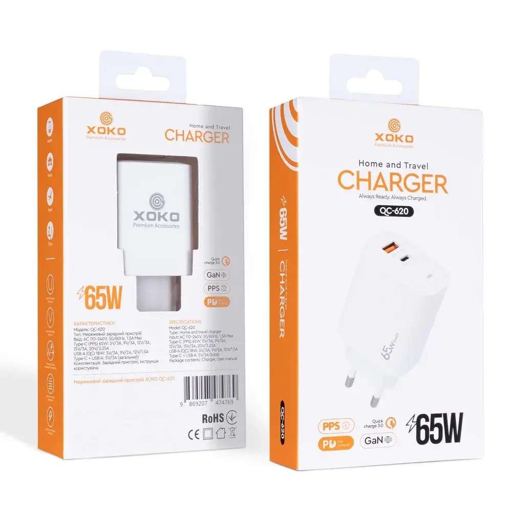 Зарядний пристрій XoKo 1xUSB-C PD65W + 1xUSB QC3.0 GaN white (XK-QC-620) - фото 11