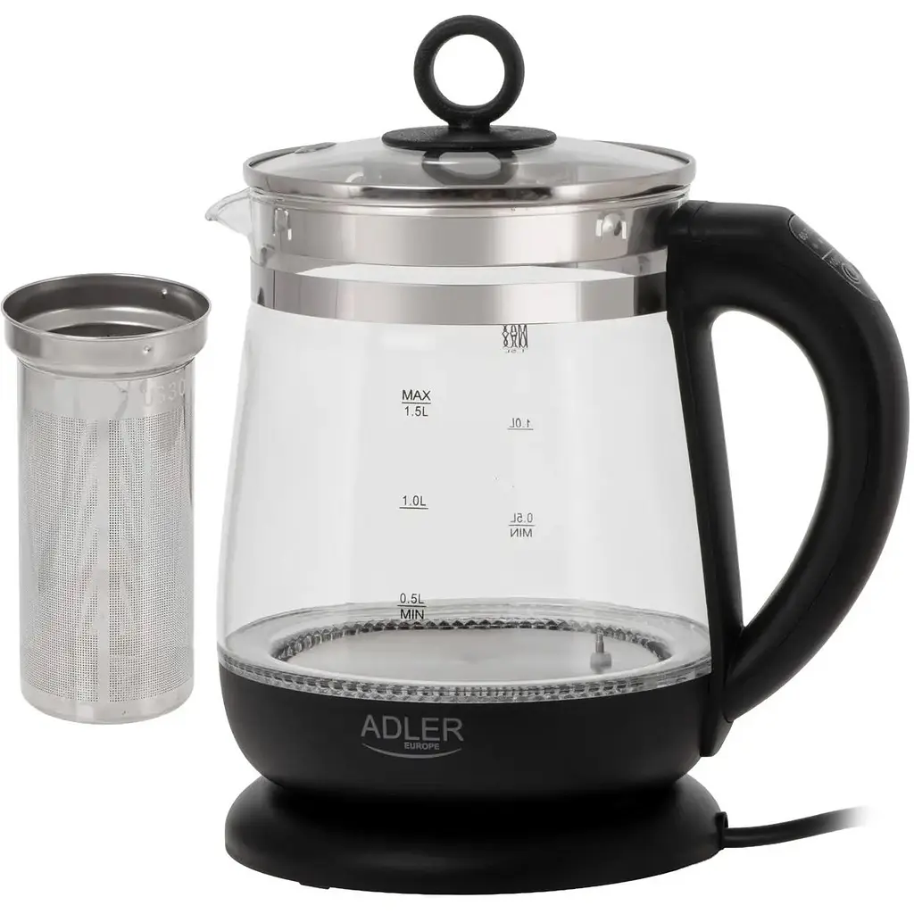 Чайник Adler AD 1299 стеклянный 1.5 л с заварочным блоком и контролем температуры черный - фото 4
