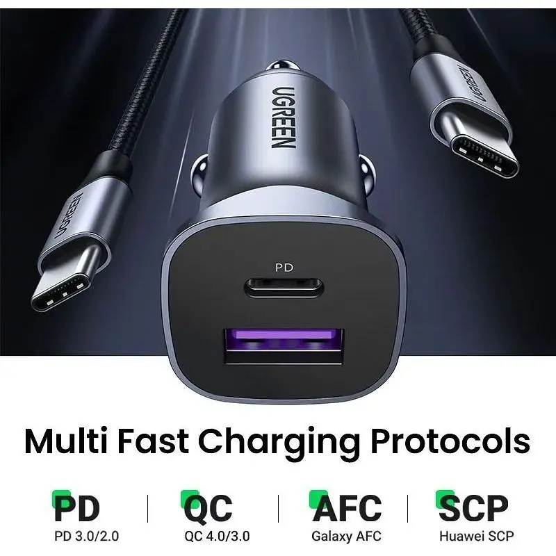 Автозарядка 2xUSB 30W (USB-A + USB-C) QC 4.0 Сіра (EC305) UGREEN (25845) - фото 3