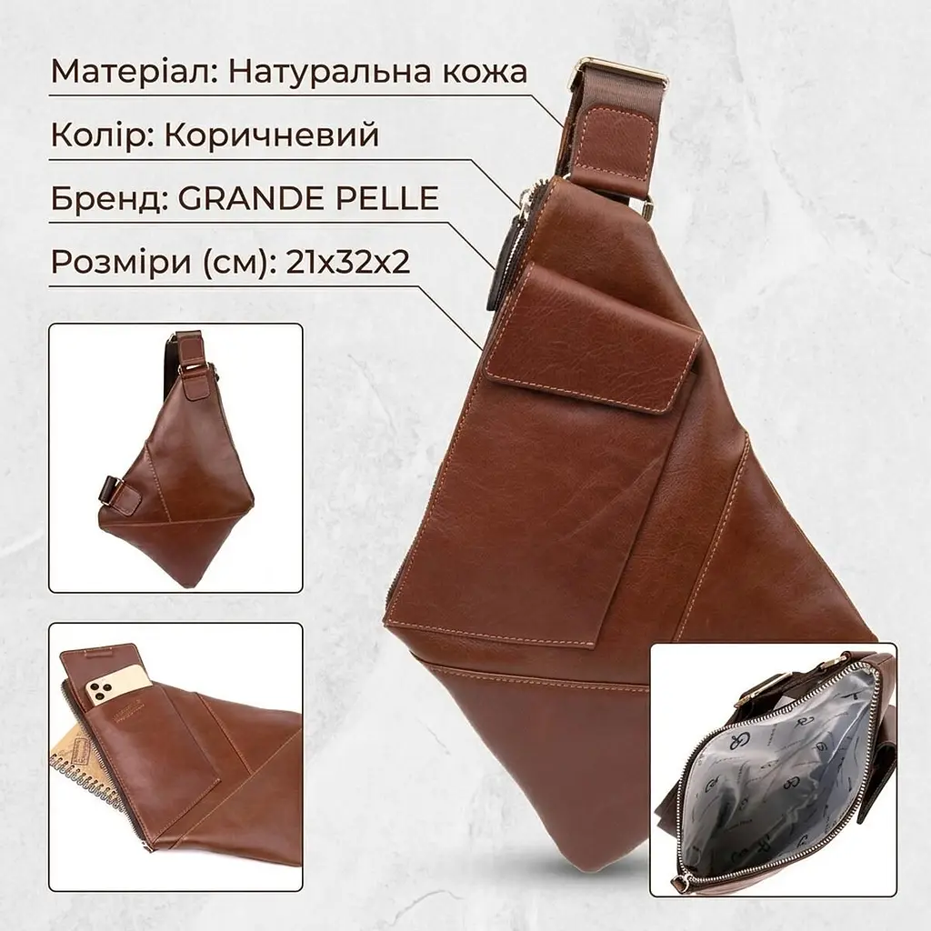 Стильна шкіряна чоловіча сумка через плече Grande Pelle 11358 коричневий - фото 3