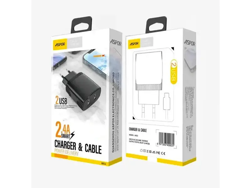 Мережевий зарядний пристрій Aspor A811 (2USB/2.4 A) Black - фото 4