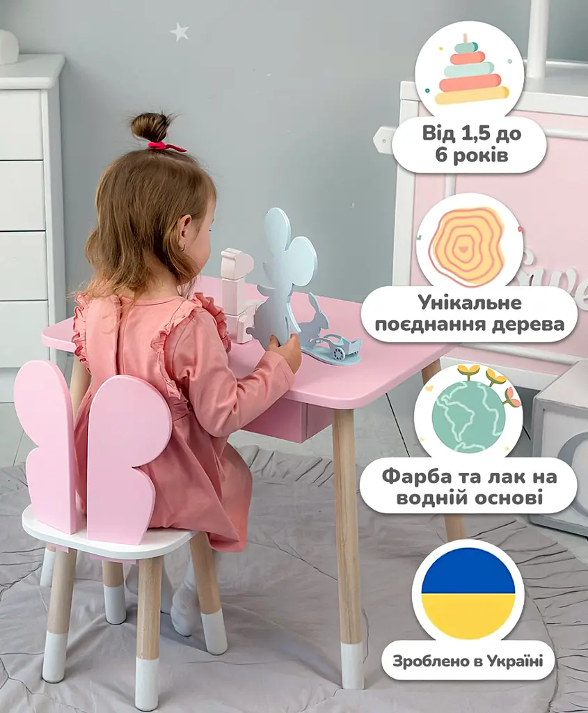Дитячий стільчик метелик 26.5х26х25см, стілець у дівчачу кімнату, білий з рожевим (2222) - фото 7