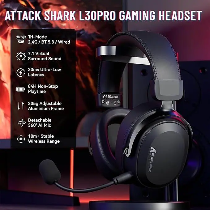 Навушники ATTACK SHARK L30PRO, об'ємний звук 7.1, драйвери 50 мм - Чорні - фото 8