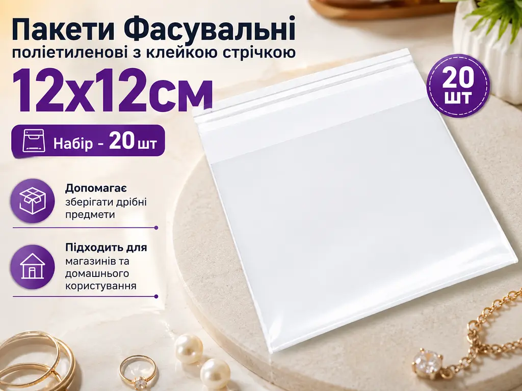 Пакети фасувальні поліетиленові з клейкою стрічкою 12х12 без отвору, 0.3 мм, 20 шт. - фото 3