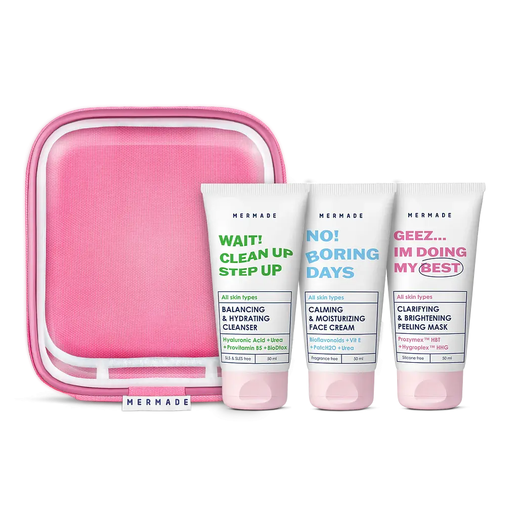 Подарунковий набір Mermade Try Kit Face Care: гель для вмивання обличчя Wait Clean Up Step Up 50 мл + ензимна маска для очищення шкіри обличчя Geez..Im Doing My Best 50 мл + зволожуючий крем для обличчя No Boring Days 50 мл + косметичка  - фото 2