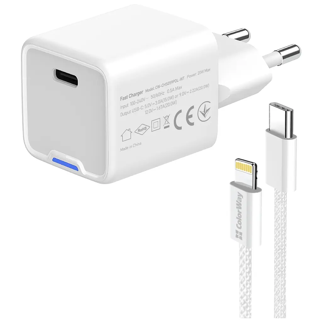 Зарядний пристрій ColorWay C101D GaN Mini 20 Вт PD PPS USB-C + кабель USB-C — Lightning білий (CW-CHS059PDL-WT) - фото 6