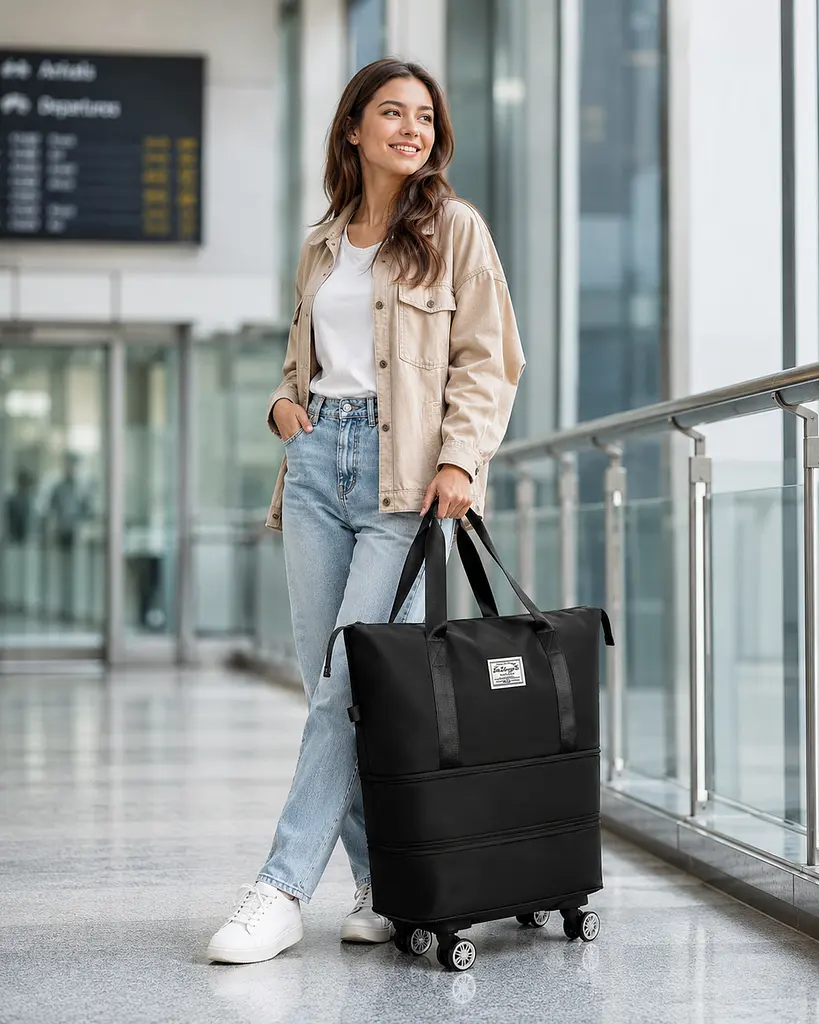 Сумка дорожня на колесах велика сумка для подорожей з 4 колесами та 2 відділеннями чорна - фото 3