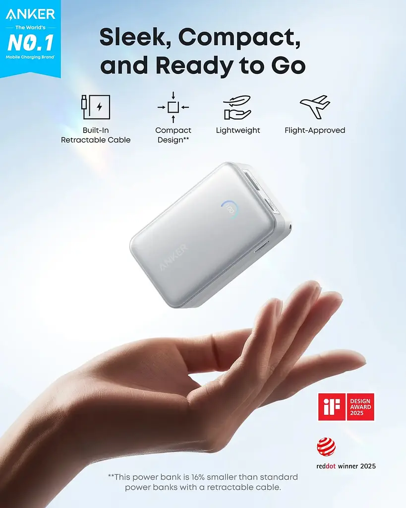 Портативний зарядний пристрій Nano - 10000 mAh 45W Built-In USB-C Cable White Anker teh0027052 - фото 2