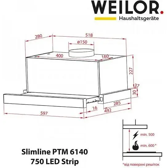 Витяжка телескопічна Weilor Slimline PTM 6140 SS 750 LED strip - фото 10