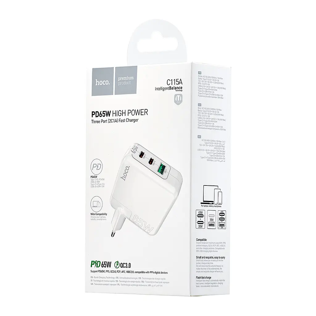 МЗП Hoco C115A Header PD65W three-port (2C1A) charger (EU) White - фото 2