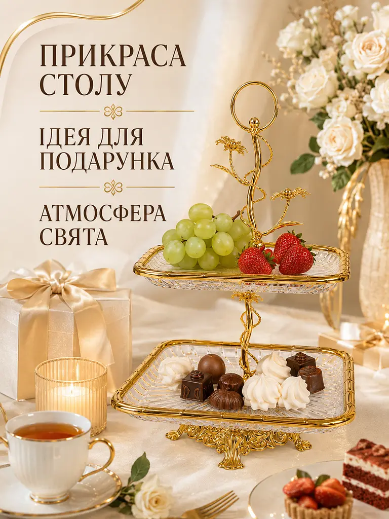 Дворівнева скляна підставка для фруктів і солодощів 43 см із позолоченими елементами (49676218) - фото 9
