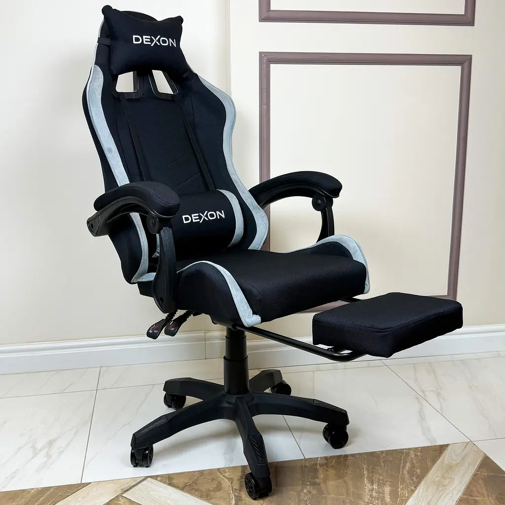 Геймерське крісло DEXON ONYX з підставкою для ніг, з тканини+велюрові вставки Cold Grey - фото 5