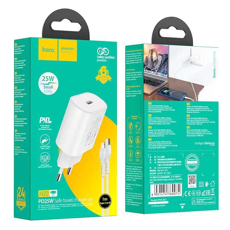 Адаптер мережевий Hoco Type-C to Lightning Cable Jetta charger set N22 |Type-C, 25W/3A, PD| - фото 2