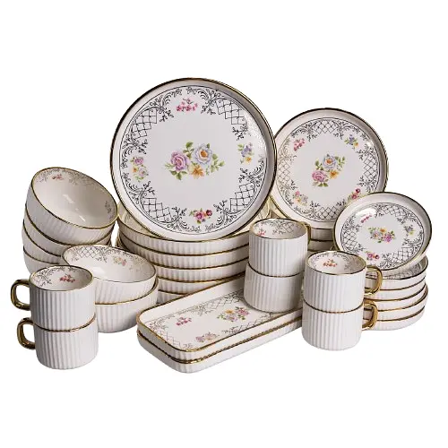 Столовый набор посуды тарелок и чашек 32 предмета на 6 персон Золотой Кант фарфоровый Yiwu TH-32 - фото 2
