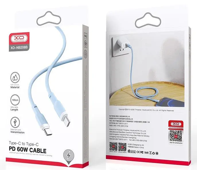 USB Кабель XO NB208B Type-C-Type-C Liquid Silicone 60W 5A 1.0m Синій - фото 2