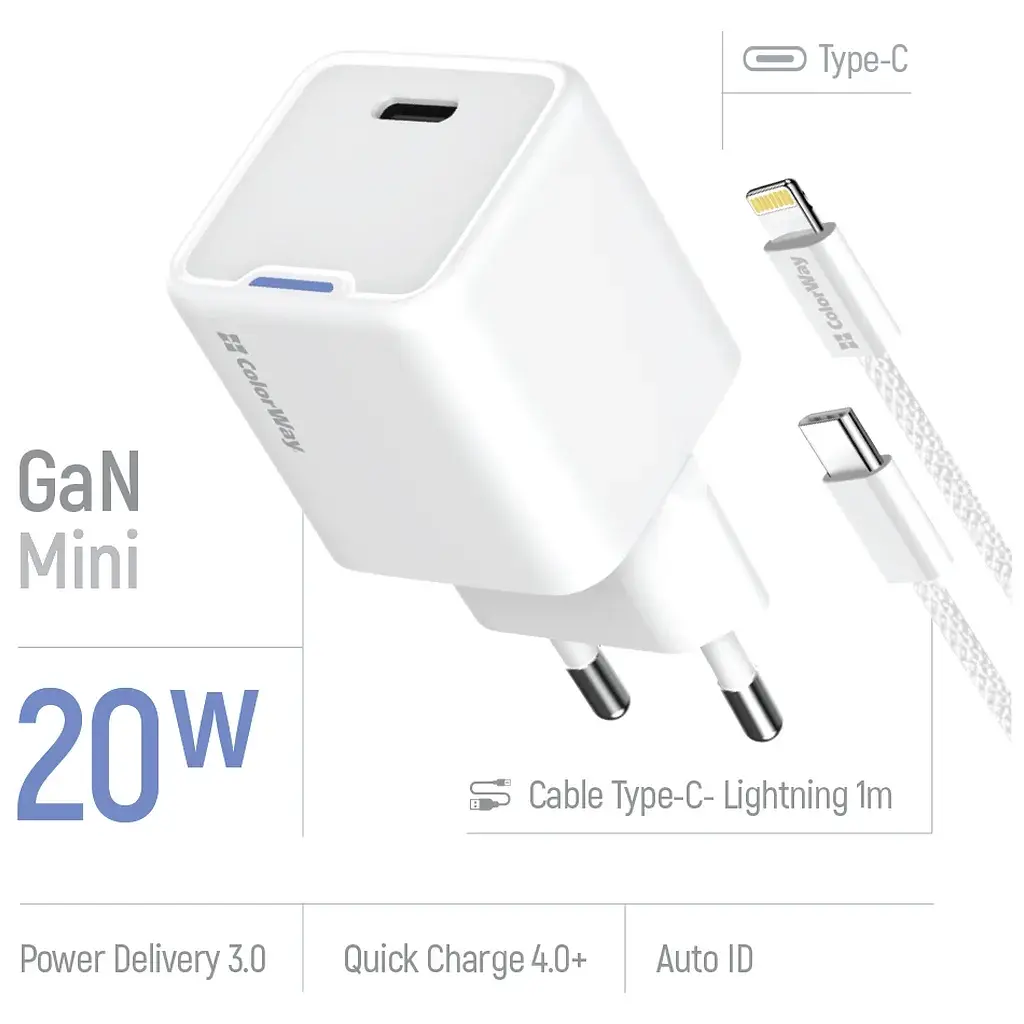 Зарядний пристрій ColorWay C101D GaN Mini 20W PD PPS USB-C + cable USB-C to Lightning white (CW-CHS059PDL-WT) - фото 7