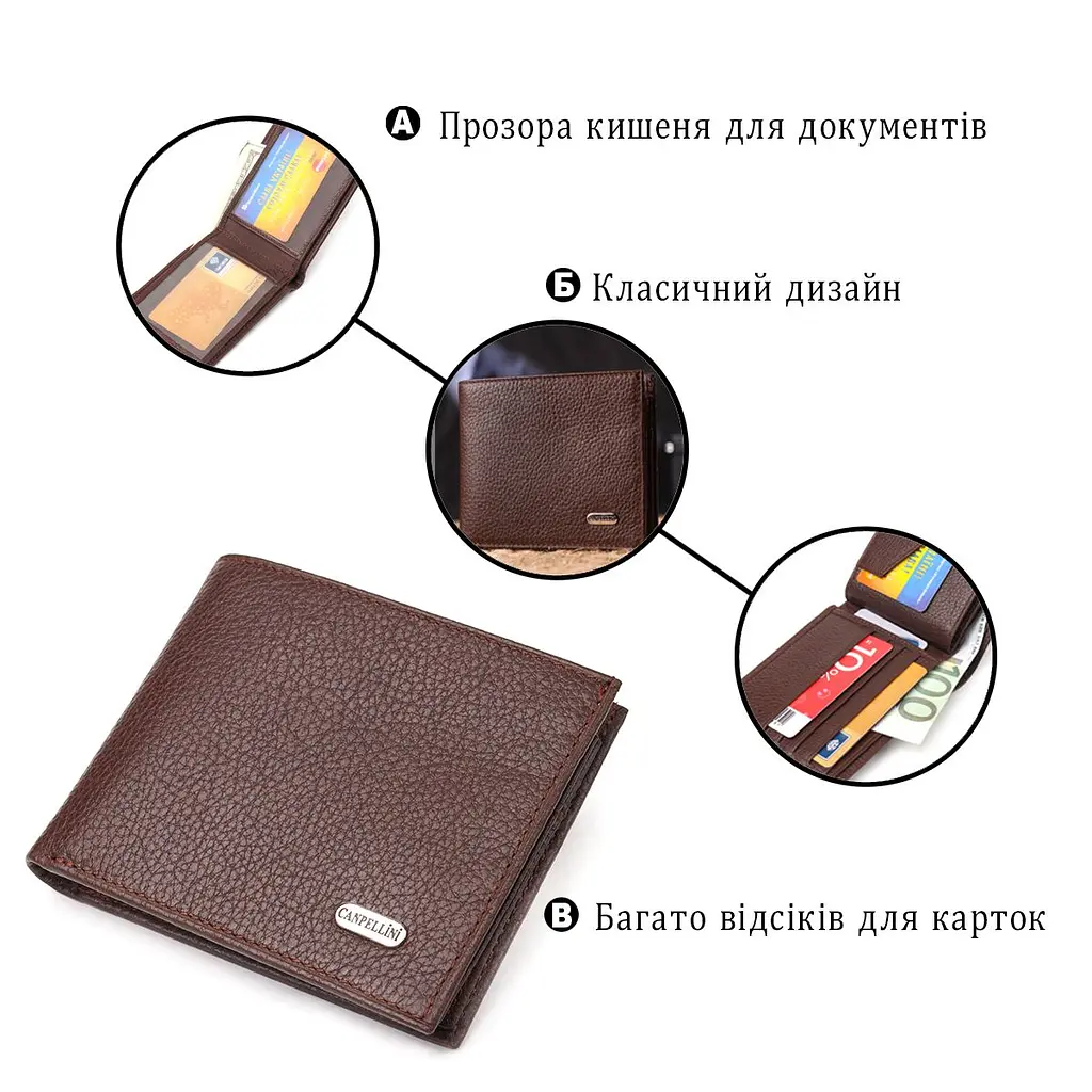 Практичний гаманець для чоловіків у два складення з натуральної шкіри флотар Canpellini 21586 коричневий - фото 8