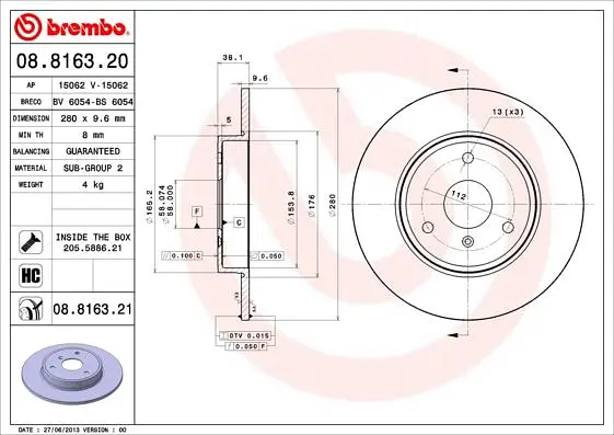 Диск гальмівний передній невентильований Smart Cabriolet 98-25р Brembo (08.8163.21) - фото 2