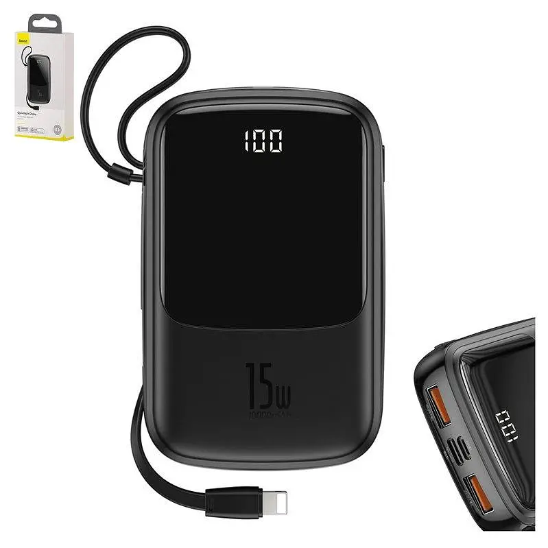 Внешний аккумулятор Baseus PPQD-B01 Qpow 10000 mAh с кабелем для iPhone черный - фото 3