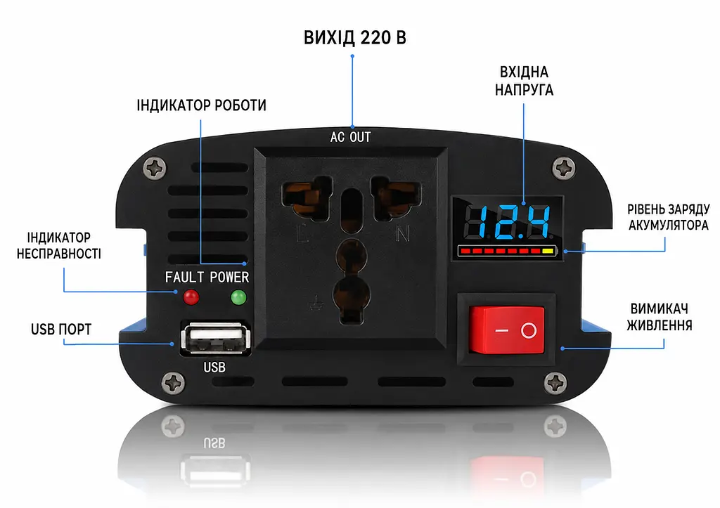 Інвертор KME 2600W 12-220V. Чистий правильний синус. Перетворювач напруги 12V в 220V. З цифровим дисплеєм - фото 4