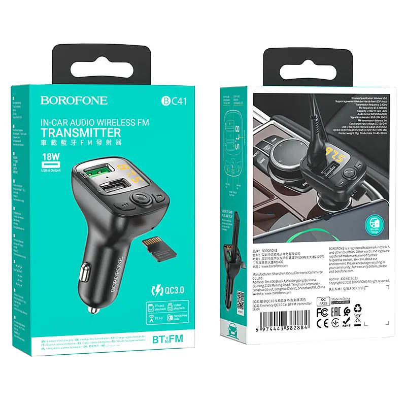 АЗП з FM-модулятором BOROFONE BC41 Eminency QC3.0 Car BT FM transmitter 18W Black 8525500090 - фото 2