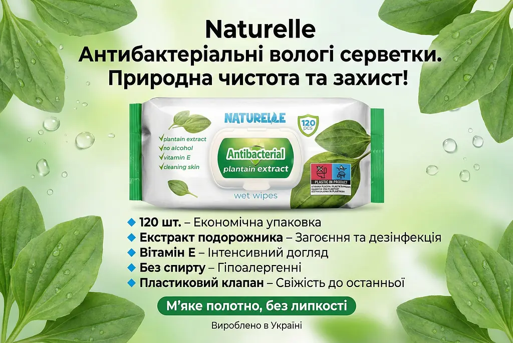 Вологі серветки антибактеріальні Naturelle Antibacterial Plantain extract 120 шт. Гігієнічні серветки сімейні - фото 4
