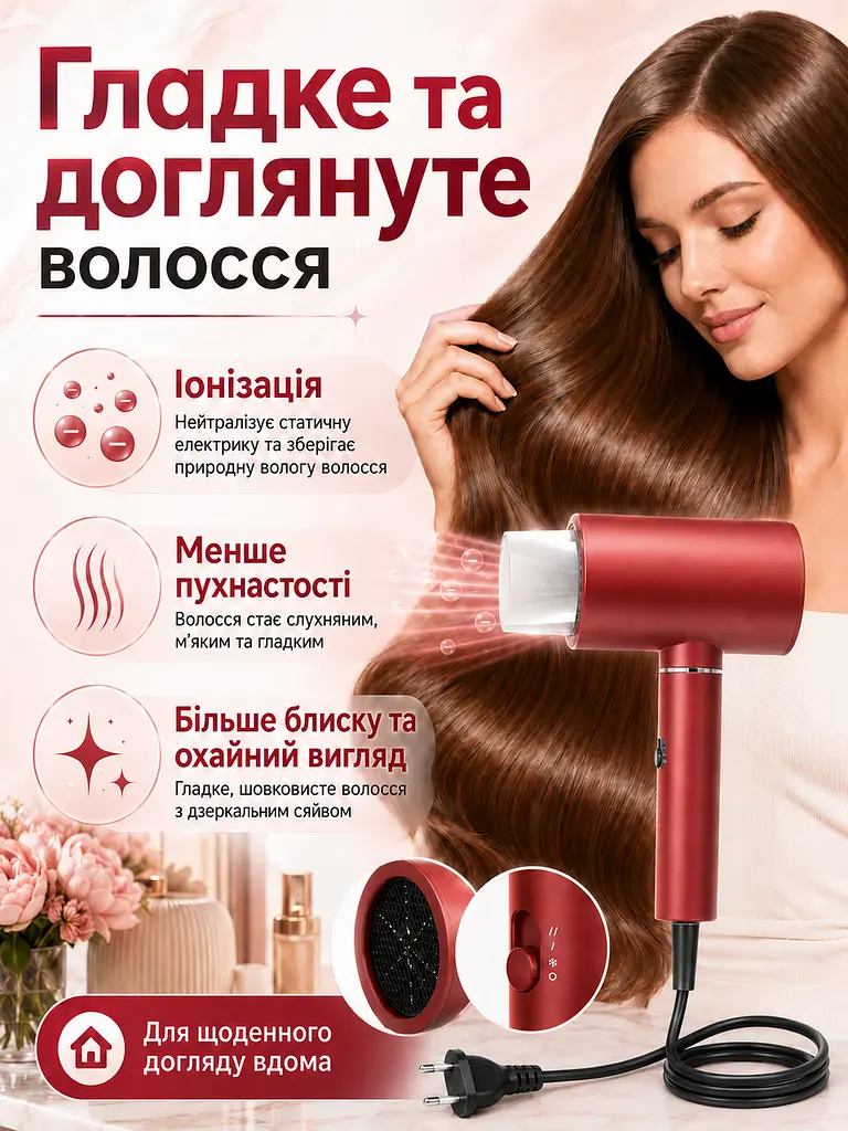 Професійний фен червоний 1800 W з холодним обдувом, іонізацією та насадкою-концентратором (49675925) - фото 8