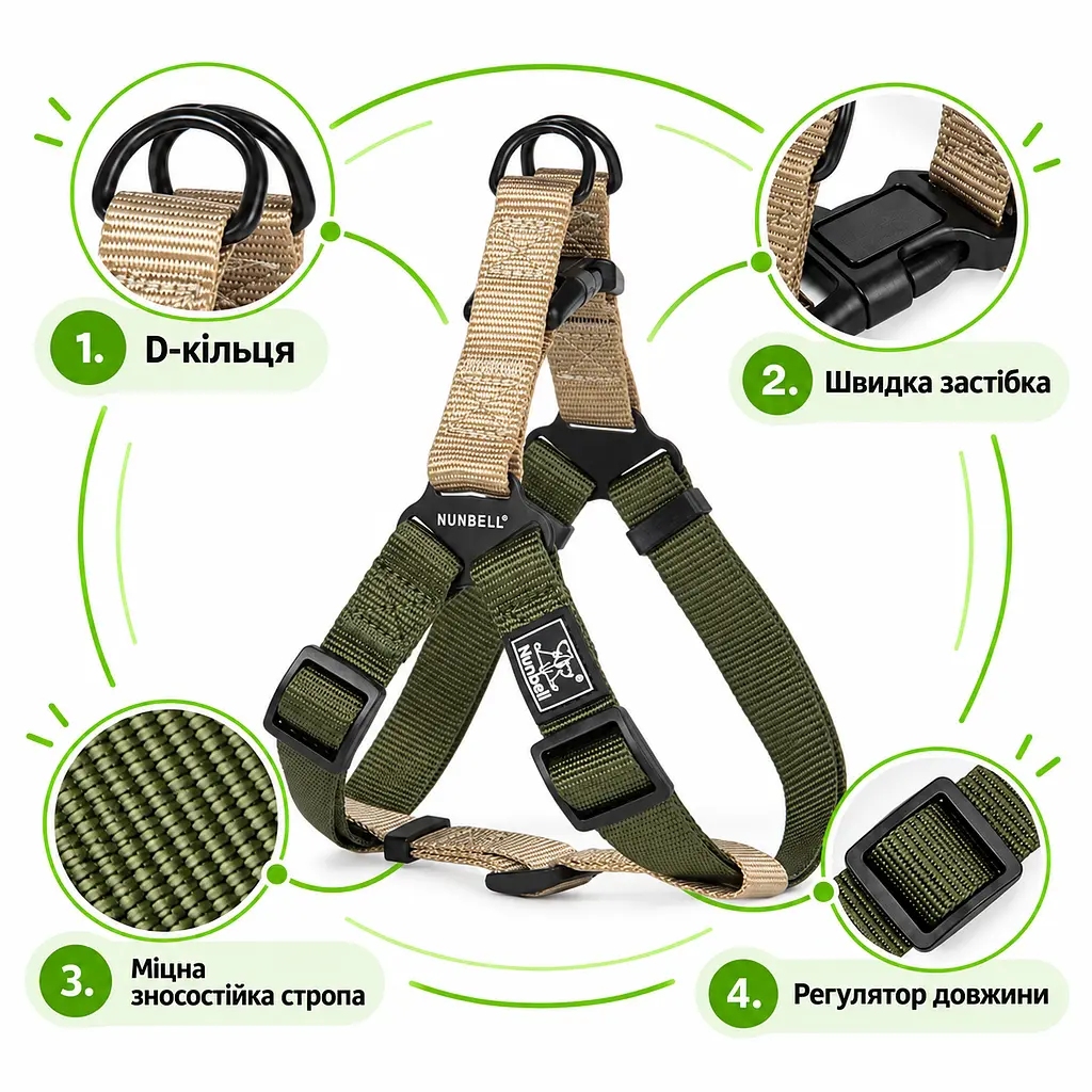 Шлея для собак Nunbell Y-Shape з повідцем, регульована та світловідбивна S, Зелений - фото 4