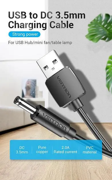 Кабель Vention 1м DC 3.5мм - USB 5V 2A для ламп, вентиляторів, USB хабів та ін. USB Type A на 3.5мм х 1.35мм - фото 2