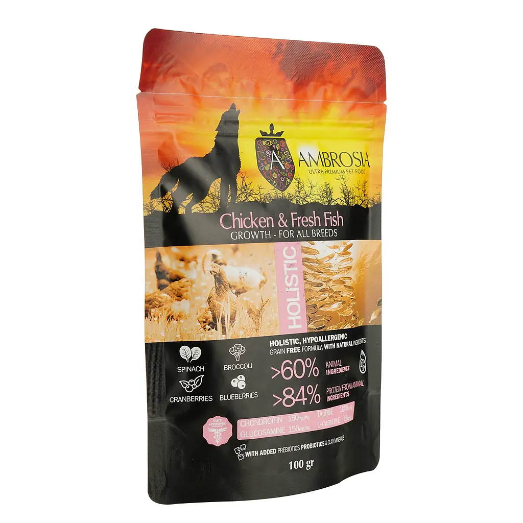  Полноценный беззерновой корм Ambrosia Grain Free с курицей и рыбой для щенков всех пород 100 г - фото 2