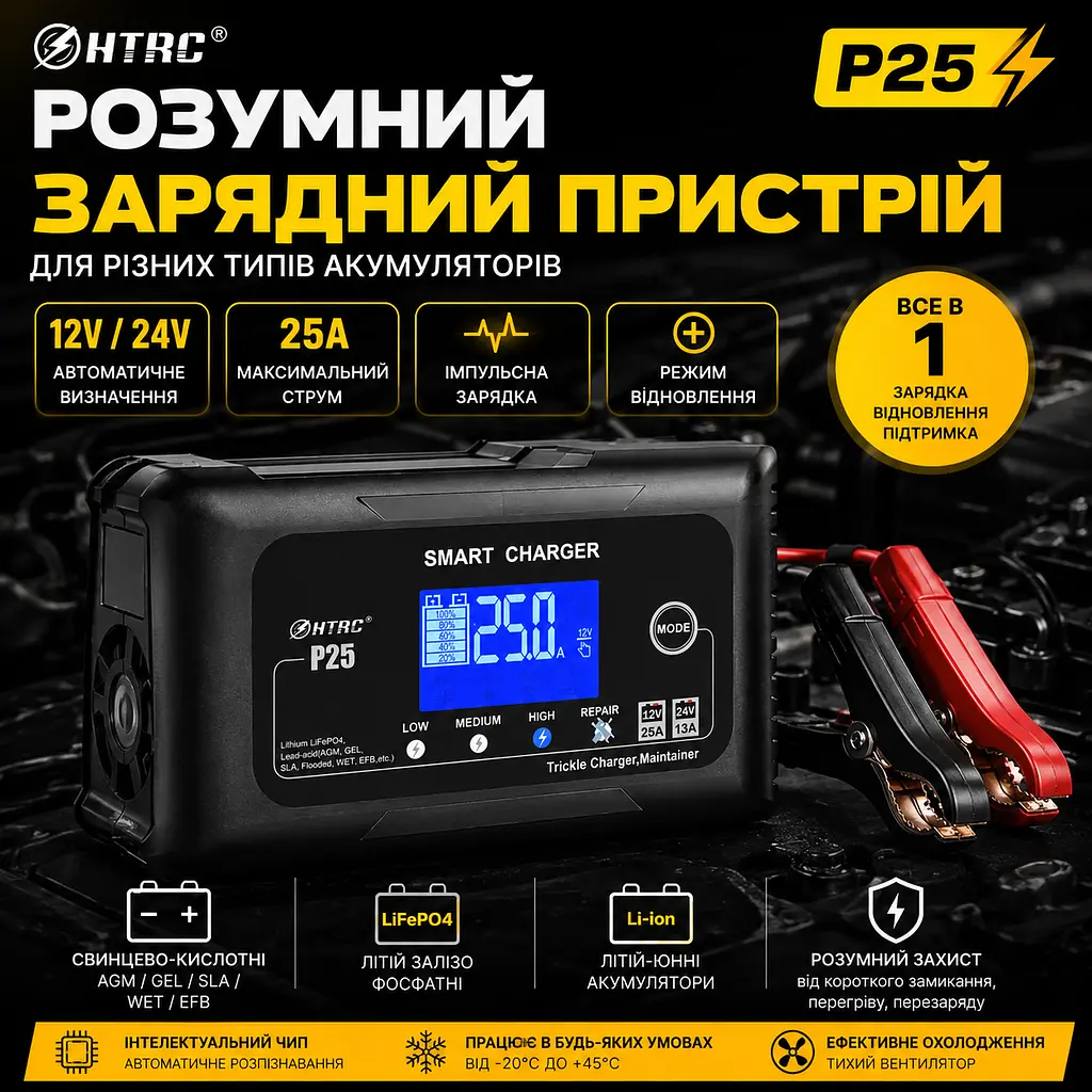 Автоматичний зарядний пристрій HTRC P25 Імпульсний, функція ремонту Repair, десульфатор 12V 25A-24V 13A LiFePO4, AGM, GEL, EFB, WET (19525) - фото 2