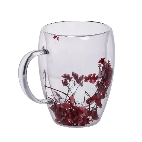 Чашка стеклянная с двойными стенками с декором красных сухоцветов 350 мл Yiwu 64486-41 - фото 4