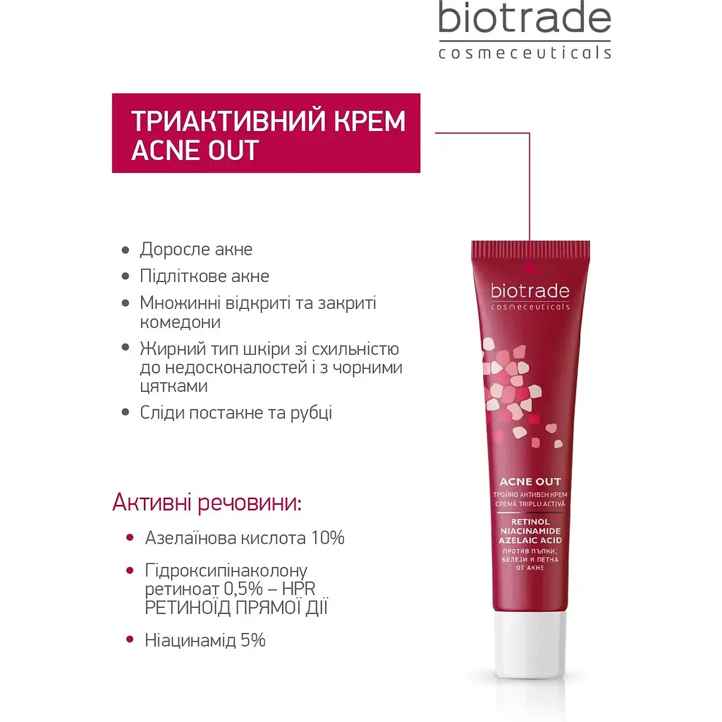 Крем для обличчя Biotrade Acne Out з ретинолом, азелаїновою кислотою і ніацинамідом 30 мл  - фото 2