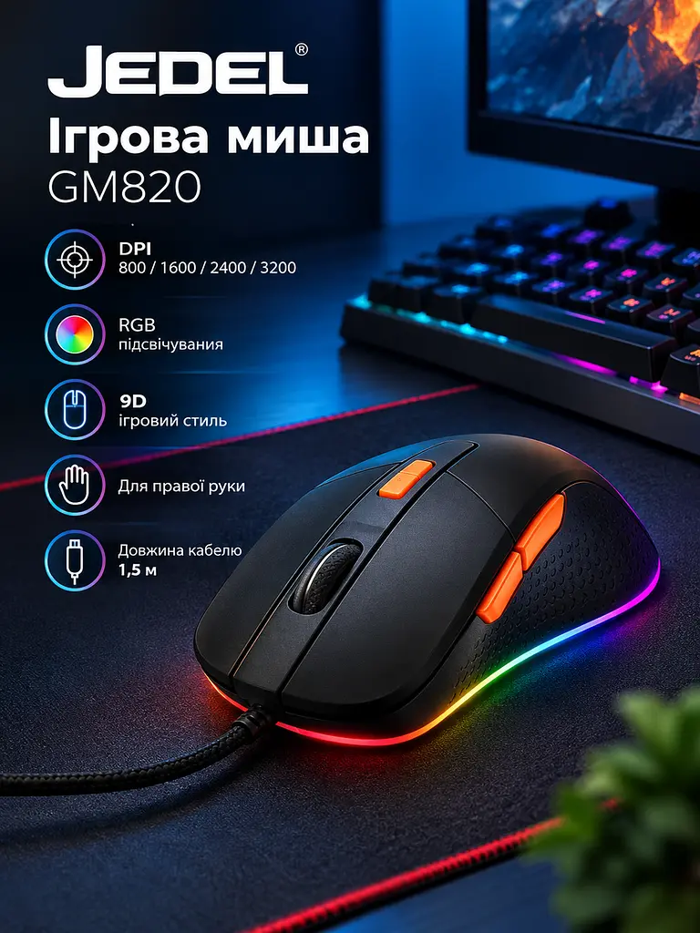 Миша комп'ютерна провідна ігрова оптична для роботи та ігор на праву руку Jedel GM820 з RGB-підсвічуванням та оптичним сенсором 800-1600-2400-3200 DPI мишка геймерська дротове підключення USB-A Чорний - фото 9