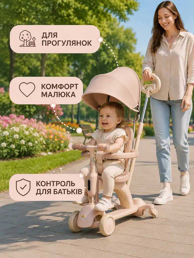 Дитячий самокат-трансформер 5в1 рожевий із сидінням і батьківською ручкою (49675953) - фото 4