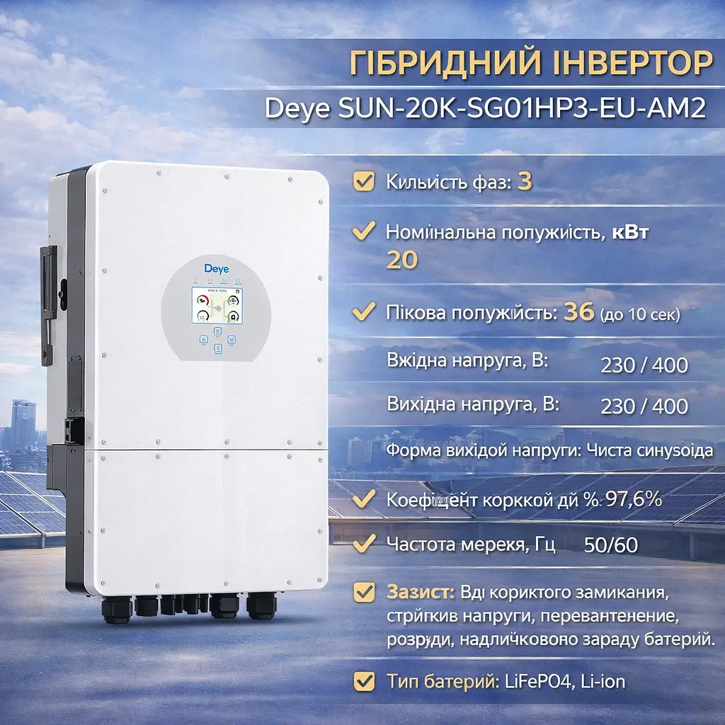 Гібридний інвертор Deye SUN-20K-SG01HP3-EU-AM2 20 кВт для високовольтних сонячних систем з MPPT контролерами - фото 2