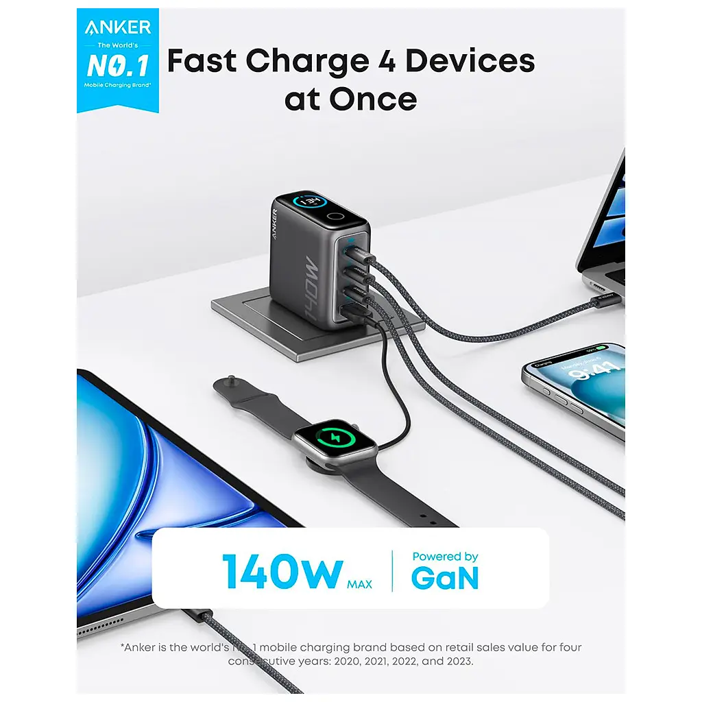 Зарядний пристрій Anker для ноутбука GaN 140 Вт 3xUSB-C PD 3.1 + USB-A + дисплей + кабель чорний (B2697GZ1) - фото 3