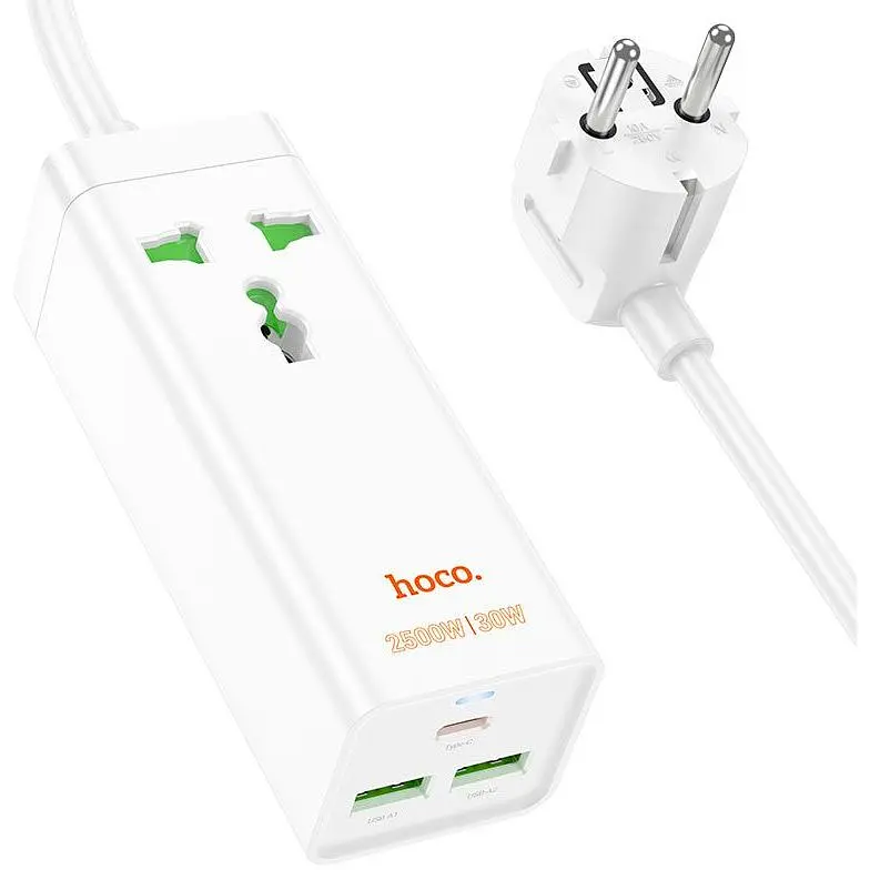 Сетевой фильтр HOCO AC9A на 1 розетку + 2 USB + USB-C, 30W, 220В, кабель 1.5 м, White, Box - фото 2