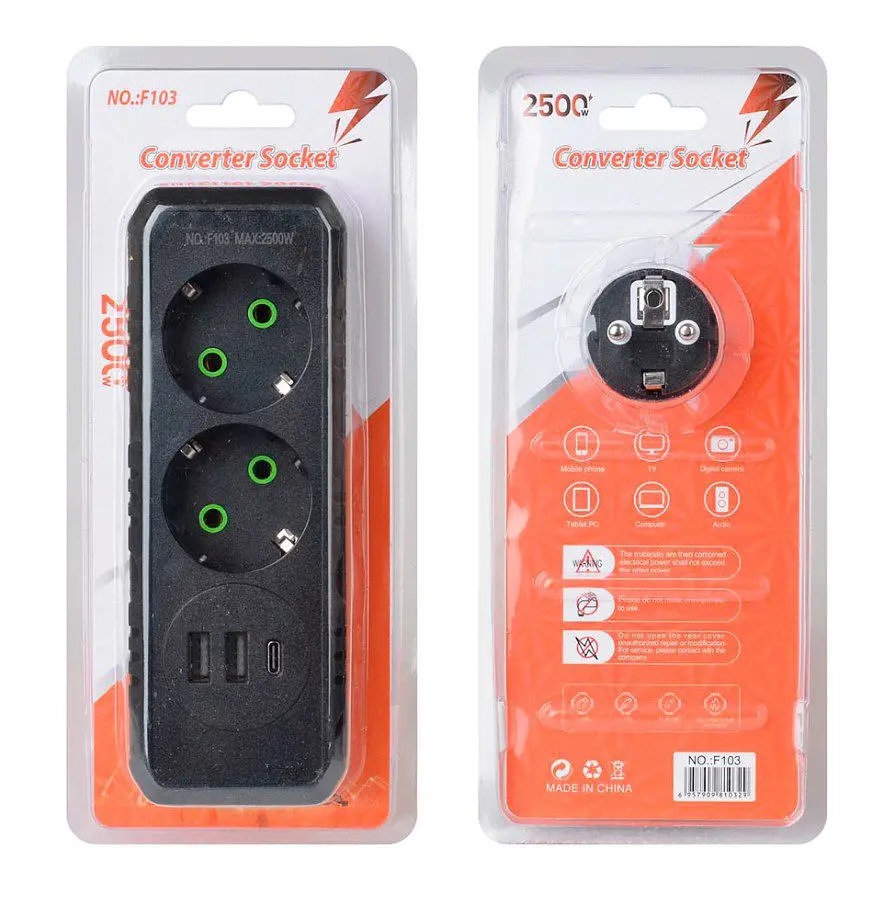 Розетка двойник с заземлением Voltronic F-103 Black, 2 розетки+2xUSB+1xType-C, 2500W, 10A, 110-250V - фото 2