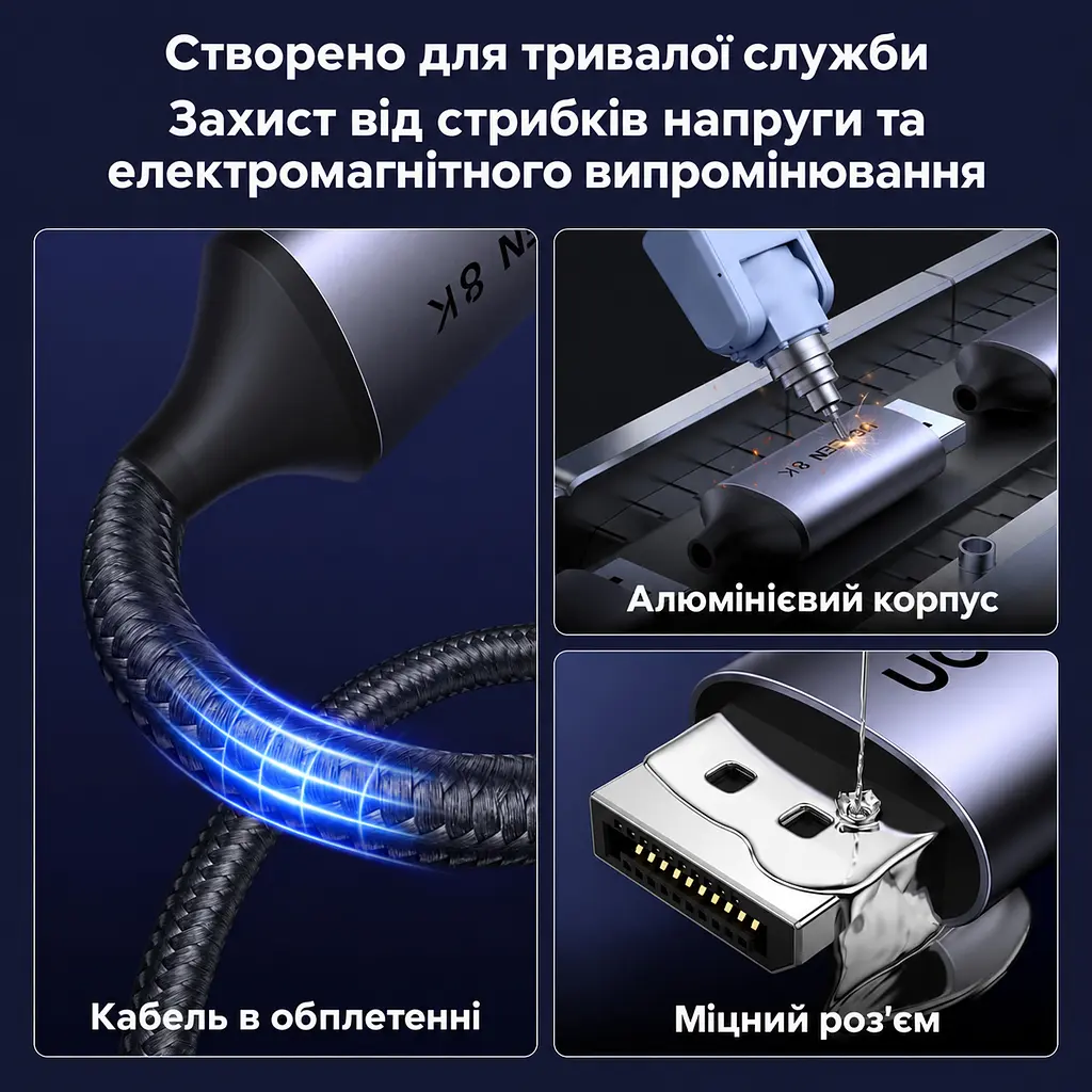 Відеокабель UGREEN CM556 USB-C - DisplayPort 1.4 8K 60 Гц 2 м сіро-чорний (25158) - фото 6