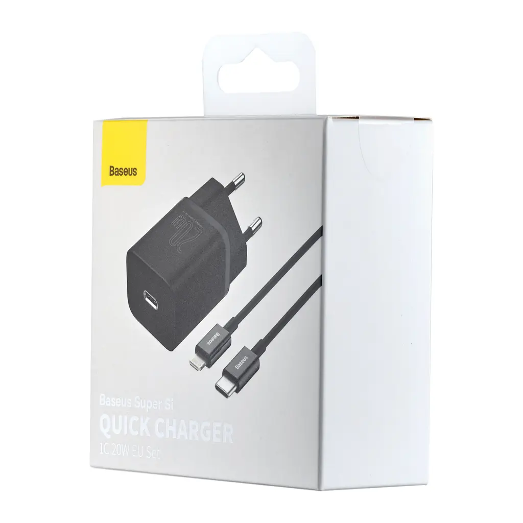 МЗП Baseus Super Si Quick Charger Type-C 20W EU with Cable Type-C to Lightning 1m Sets Black - фото 2