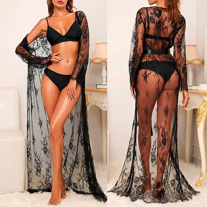 Комплект з халатом в підлогу та трусиками прозорий S/M чорний - фото 4