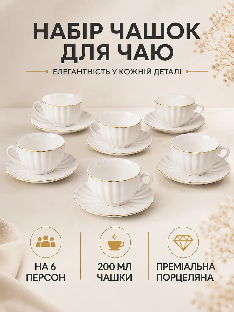 Чайний сервіз фарфоровий на 6 персон 12 предметів, чашки 200 мл, блюдця Ø14 см (49676219) - фото 2